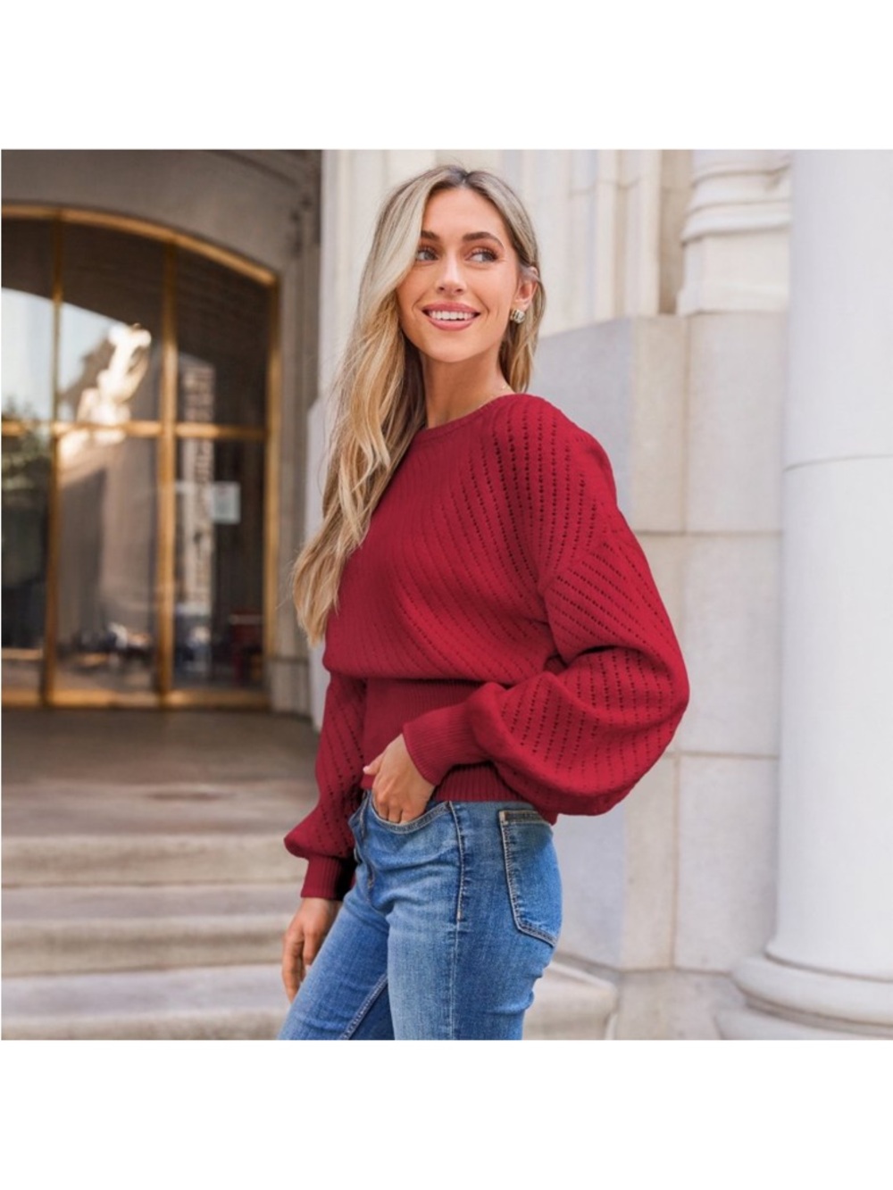 NEW WITH TAGS Cupshe Large Women's Red Puff-Sleeve Knit Sweater